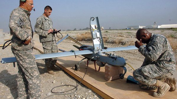 U.S. Army sargeants conduct final checks on a Shadow Unmanned Aerial Vehicle (UAV) on Forward Operating Base Fenty in Jalalabad, Afghanistan, March 2008. (Photo/U.S. Army via Flickr)