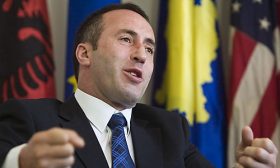 Kosovo's former prime minister Ramush Haradinaj gestures during an interview with The Associated Press in Kosovo's capital Pristina Tuesday, April 22, 2008. Kosovo's former prime minister, acquitted of killing Serbs by a United Nations war crimes tribunal called upon ethnic Albanians Tuesday to make a "proper offer" for the Serb minority to overcome their objections to Kosovo's independence. Haradinaj urged governments around the world Tuesday to help peace in the Balkans by recognizing Kosovo's independence. "We call upon other countries to recognize us as an independent state," Haradinaj told the Associated Press in an interview Tuesday. "It would be the right input to normalization and peace in the region". Kosovo's independence has been swiftly recognized by 38 countries, including the United States, Japan, Canada and most member countries in the European Union. (AP Photo/Visar Kryeziu)