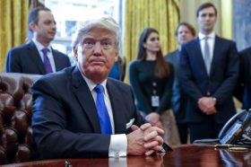 US President Donald Trump (F), with White House chief of staff Reince Pribus (L), White House Communications Director Hope Hicks (2L) and Senior Advisor Jared Kushner (R), after signing five executive orders related to the oil pipeline industry in the oval office of the White House in Washington, DC, USA, 24 January 2017. President Trump has a full day of meetings including one with Senate Majority Leader Mitch McConnell and another with the full Senate leadership.