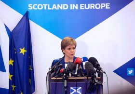 Scotland's First Minister Nicola Sturgeon delivers a speech during a media conference at the Scotland House in Brussels as she is on a one day visit to meet with EU officials, on June 29, 2016. Scotland's First Minister Nicola Sturgeon said she was "heartened" by her talks with EU officials today but said there was no "automatic easy path" to protecting her country's status in the EU after Brexit. / AFP / POOL / Geoffroy Van der Hasselt (Photo credit should read GEOFFROY VAN DER HASSELT/AFP/Getty Images)