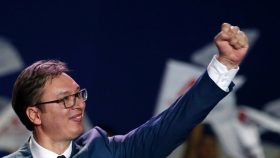 Current Serbian Prime Minister and presidential candidate Aleksandar Vucic gestures during a pre-election rally, in Belgrade, Serbia, Friday, March 24, 2017. The first round of presidential elections is scheduled for Sunday April 2, 2017, that will test the popularity of dominant populist leader Aleksandar Vucic against an array of vociferous opposition candidates. (AP Photo/Darko Vojinovic)