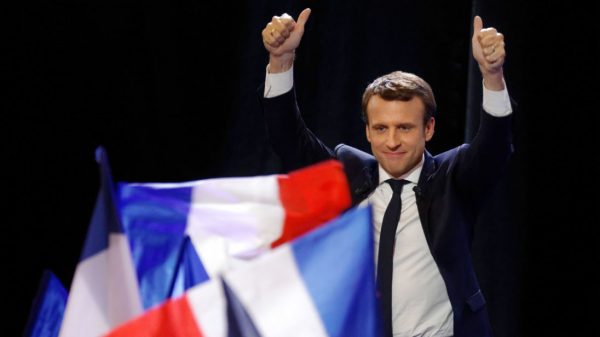 PARIS, FRANCE - APRIL 23:  Founder and Leader of the political movement 'En Marche !' Emmanuel Macron speaks after winning the lead percentage of votes in the first round of the French Presidential Elections at Parc des Expositions Porte de Versailles on April 23, 2017 in Paris, France. Macron and National Front Party Leader Marine Le Pen, who received second largest vote, will compete in the next round of the French Presidential Elections on May 7 to decide the next President of France  (Photo by Sylvain Lefevre/Getty Images)