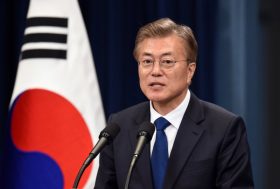 South Korea's new President Moon Jae-In speaks during a press conference at the presidential Blue House in Seoul on May 10, 2017.   Moon was sworn in just a day after a landslide election victory, and immediately declared his willingness to visit Pyongyang amid high tensions with the nuclear-armed North. / AFP PHOTO / POOL / JUNG YEON-JE        (Photo credit should read JUNG YEON-JE/AFP/Getty Images)