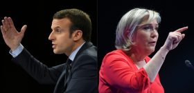 (COMBO)(FILES) This combination of file pictures created on April 30, 2017 in Paris shows a December 10, 2016 photo of French presidential election candidate for the En-Marche movement, Emmanuel Macron (L) speaking during a campaign rally in Paris, and a March 11, 2017 photo of French presidential election candidate for the far-right Front National (FN) party, Marine Le Pen speaking during a campaign rally in Deols. With a week to go before France's presidential election runoff, far-right candidate Marine Le Pen stayed on the offensive against frontrunner Emmanuel Macron on April 30, 2017, trying to close a 19-point gap in the polls. / AFP PHOTO / Eric FEFERBERG AND ALAIN JOCARD
