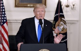 President Donald Trump makes a statement on the Wednesday-morning shooting of Republican lawmaker Steve Scalise at a baseball field in Alexandria, Virginia, in the Diplomatic Room of the White House, on June 14, 2017. Photo by Olivier Douliery/Abaca