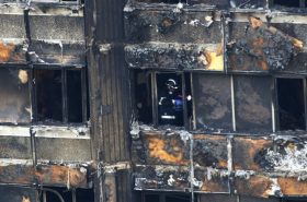 Fire service personnel survey the damage to Grenfell Tower in west London after a fire engulfed the 24-storey building on Wednesday morning. PRESS ASSOCIATION Photo. Picture date: Friday June 16, 2017. Seventeen people have died and more are feared dead after a huge fire destroyed the tower block in north Kensington. See PA story FIRE Grenfell. Photo credit should read: Rick Findler/PA Wire