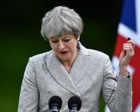 PARIS, FRANCE - JUNE 13: French President Emmanuel Macron (not seen) and British Prime Minister Theresa May hold a joint press conference after their meeting at the Elysee Palace garden in Paris, France on June 13, 2017. Mustafa Yalcin / Anadolu Agency