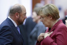 epa05759362 (FILE) - A file picture dated 23 October 2014 shows German Chancellor Angela Merkel (R) and the President of the European Parliament, Martin Schulz (L) talk prior to the start of the EU Summit at the EU Council headquaters in Brussels, Belgium. Schulz on 29 January 2017 was officially nominated by the Social Democrats (SPD) party chair as SPD's as top candidate to take on Chancellor Merkel in German general elections in September 2017. He is scheduled to be elected as party chairman during a extraordinary party confention in March. EPA/OLIVIER HOSLET